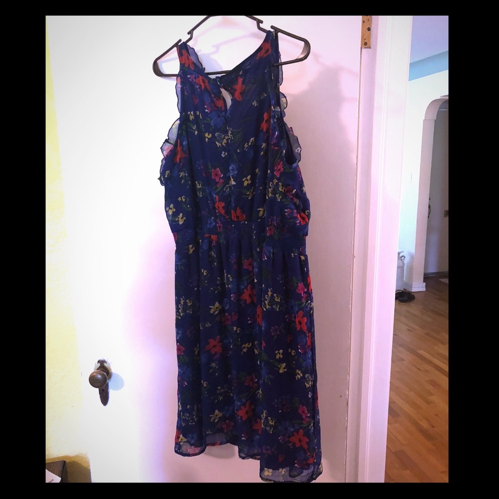 Navy Floral Faux Wrap A-Line Dress